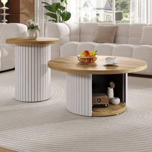 Set 2 Tables Basses Rondes 75x75x50 + 45x45x35 Cm, Style Scandinave, Coloris Naturel, Avec Rangement