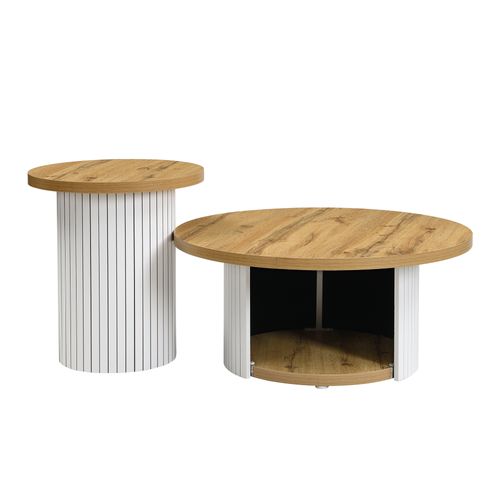 Set 2 Tables Basses Rondes 75x75x50 + 45x45x35 Cm, Style Scandinave, Coloris Naturel, Avec Rangement
