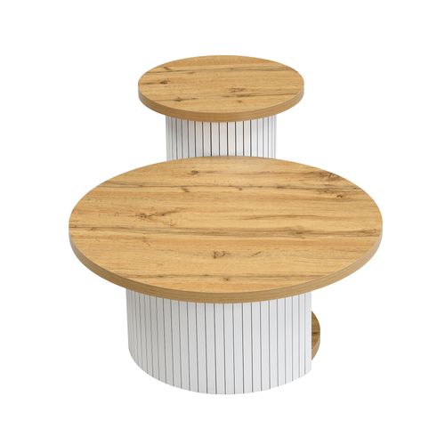 Set 2 Tables Basses Rondes 75x75x50 + 45x45x35 Cm, Style Scandinave, Coloris Naturel, Avec Rangement