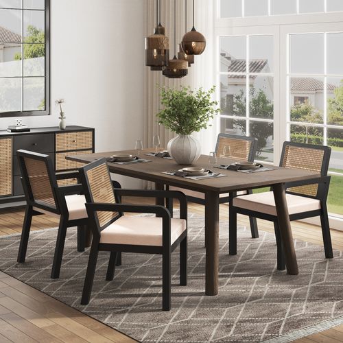 Chaise 6 Pièces En Velours Beige, Dossier Tressé, Pieds En Bois Noir, Ergonomique