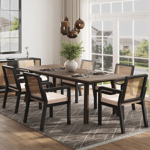 Chaise 4 Pièces En Velours Beige, Dossier Tressé, Pieds En Bois Noir, Ergonomique