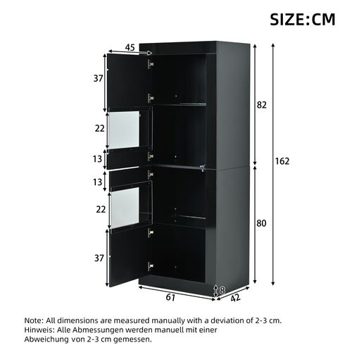 Vitrine Avec LED 61x42x162 Cm Noir, Avec 3 Étagères En Verre Et 2 Portes