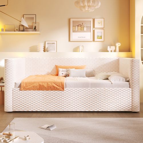 Lit Enfant 90x200 Cm Avec Coffre Rangement, LED Et Sommier à Lattes, Velours Beige