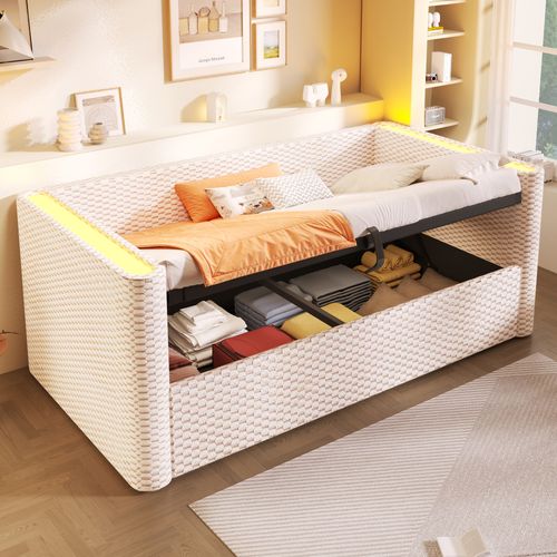 Lit Enfant 90x200 Cm Avec Coffre Rangement, LED Et Sommier à Lattes, Velours Beige