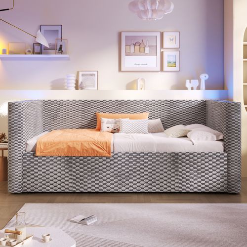 Lit Enfant 90x200 Cm Velours Gris Avec Coffre De Rangement Et Éclairage LED