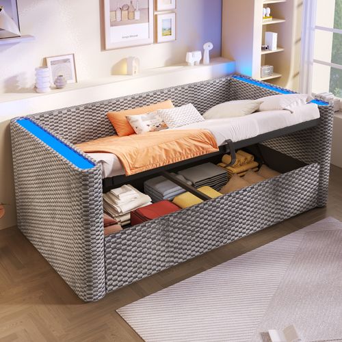 Lit Enfant 90x200 Cm Velours Gris Avec Coffre De Rangement Et Éclairage LED