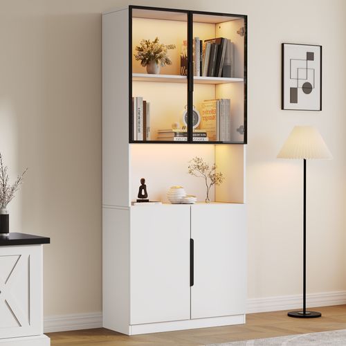 Vitrine Blanche Haut.200 Cm Portes Vitrées, LED Réglable, Avec Étagères Et Compartiment Fermé