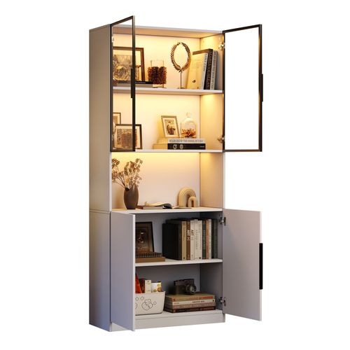 Vitrine Blanche Haut.200 Cm Portes Vitrées, LED Réglable, Avec Étagères Et Compartiment Fermé