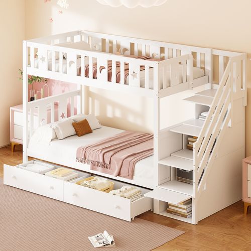 Lit Superposé Enfant 90x200 Cm Avec Escalier à Rangements Et 2 Tiroirs, Bois Blanc