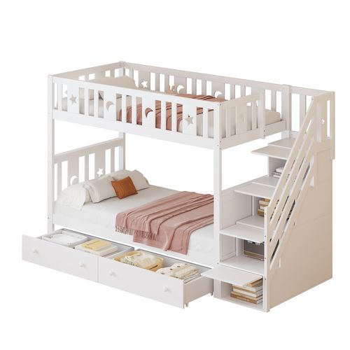 Lit Superposé Enfant 90x200 Cm Avec Escalier à Rangements Et 2 Tiroirs, Bois Blanc