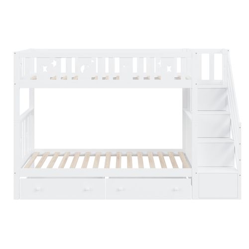 Lit Superposé Enfant 90x200 Cm Avec Escalier à Rangements Et 2 Tiroirs, Bois Blanc