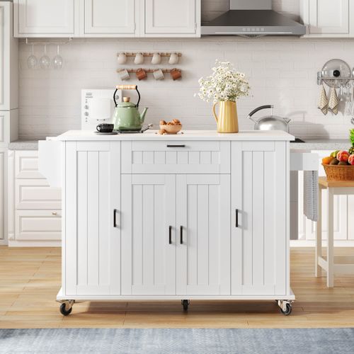Desserte, Îlot De Cuisine Blanc Rabattable 120×45(70)×95 Cm Avec 4 Portes Et Tiroir, Sur Roulettes