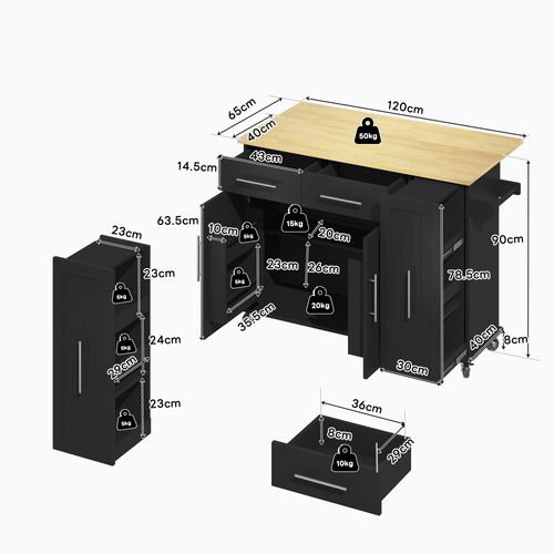 Desserte De Cuisine 3 Niveaux Coulissants, Tablette Rabattable, Sur Roulettes, Noir Et Naturel