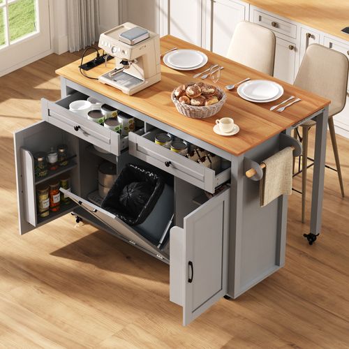 Desserte De Cuisine 120×40–75×92 Cm à Roulettes, Plateau Extensible, Prises USB/type‑c, Poubelle