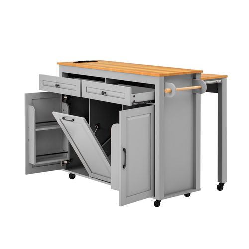 Desserte De Cuisine 120×40–75×92 Cm à Roulettes, Plateau Extensible, Prises USB/type‑c, Poubelle