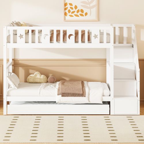 Lit Enfant Superposé 90x200 Cm Avec Lit Gigogne, Sommier à Lattes, Avec Rangements, Bois Blanc