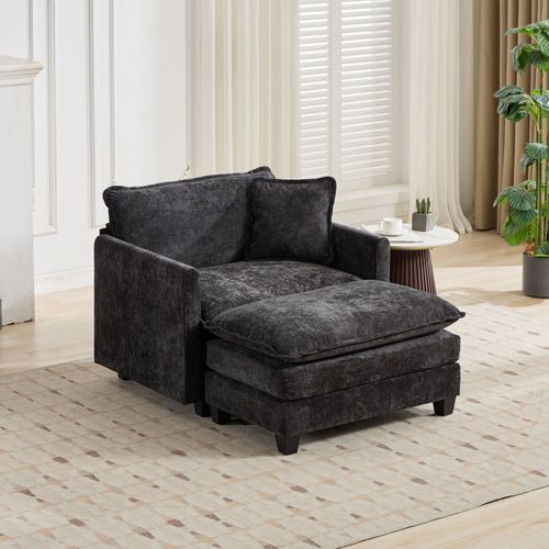 Feuteuil Tissu Chenille Noir 1 Place, Assise Double Couche Rembourrée, Sans Ottoman