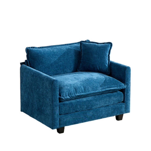 Fauteuil En Tissu Chenille Bleu, Coussin Dossier Ergonomique, Sans Ottoman