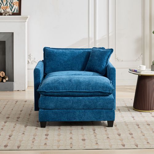 Fauteuil En Tissu Chenille Bleu, Coussin Dossier Ergonomique, Sans Ottoman