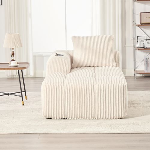 Méridienne 158 X 93 X 61 Cm Velours Côtelé Beige Avec Poches Latérales Et Porte-gobelets