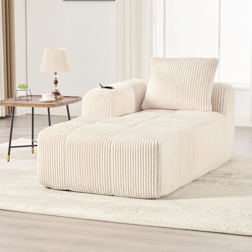 Méridienne 158 X 93 X 61 Cm Velours Côtelé Beige Avec Poches Latérales Et Porte-gobelets