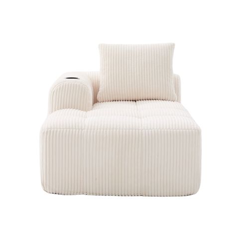 Méridienne 158 X 93 X 61 Cm Velours Côtelé Beige Avec Poches Latérales Et Porte-gobelets