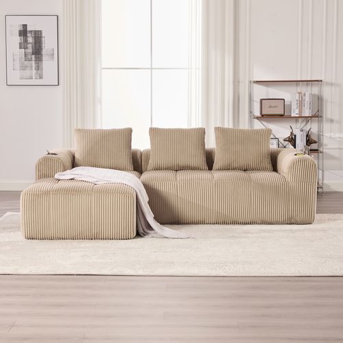 Canapé D'angle 3 Places Modulable 253 Cm Velours Côtelé Kaki Avec Rangements Et Porte-gobelet