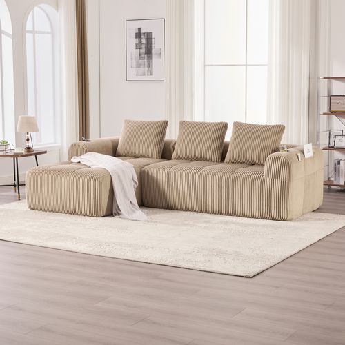 Canapé D'angle 3 Places Modulable 253 Cm Velours Côtelé Kaki Avec Rangements Et Porte-gobelet