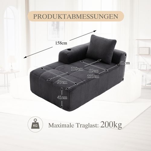 Méridienne 158x93x61 Cm Velours Côtelé Gris Foncé Avec Poches Latérales Et Porte-gobelet