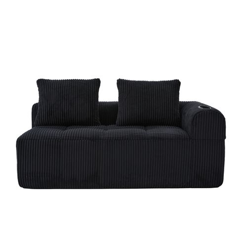 Canapé 2 Places 158x93x61 Cm Velours Côtelé Noir Avec Poches Latérales Et Porte-gobelet