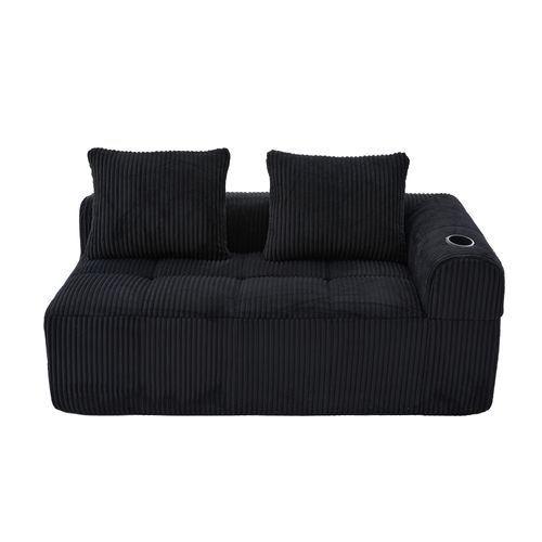 Canapé 2 Places 158x93x61 Cm Velours Côtelé Noir Avec Poches Latérales Et Porte-gobelet