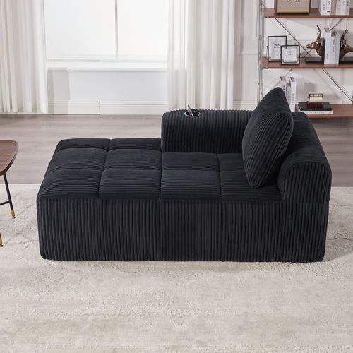 Méridienne 158x93x61 Cm Velours Côtelé Noir Avec Poches Latérales Et Porte-gobelets