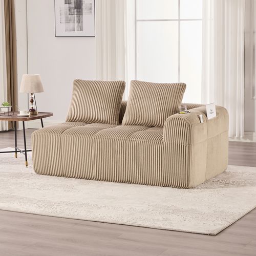 Canapé 2 Places 158x93x61 Cm Velours Côtelé Kaki Avec Poches Latérales Et Porte-gobelets