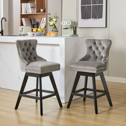 Lot De 2 Tabourets De Bar Pivotants En Velours Gris, Pieds En Bois