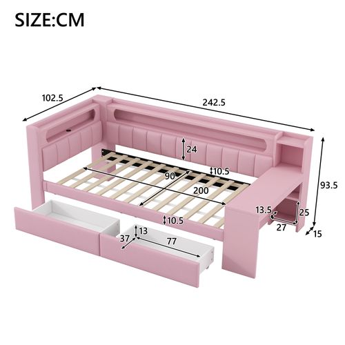 Lit Enfant 90x200 Avec Bureau Intégré, 2 Tiroirs, Ports USB Et Éclairage LED, Rose