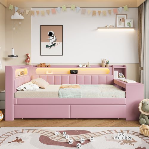 Lit Enfant 90x200 Avec Bureau Intégré, 2 Tiroirs, Ports USB Et Éclairage LED, Rose