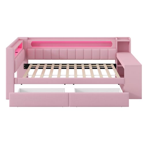 Lit Enfant 90x200 Avec Bureau Intégré, 2 Tiroirs, Ports USB Et Éclairage LED, Rose