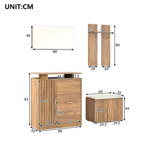 Meuble D'entrée Avec Banc, Meuble à Chaussures, Miroir Et Patères, Aspect Bois Naturel