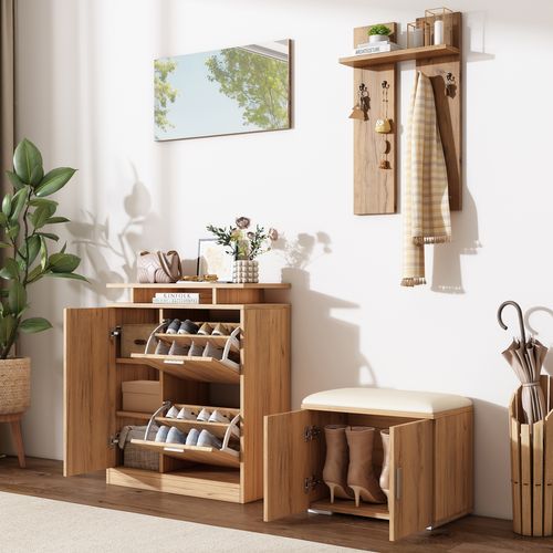 Meuble D'entrée Avec Banc, Meuble à Chaussures, Miroir Et Patères, Aspect Bois Naturel