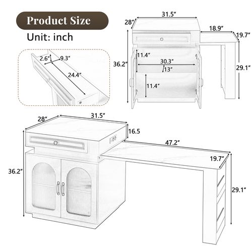 Meuble De Bar Extensible, Îlot 128–200cm Blanc/bois LED, Ports USB, Tiroir Et Portes, Roulettes