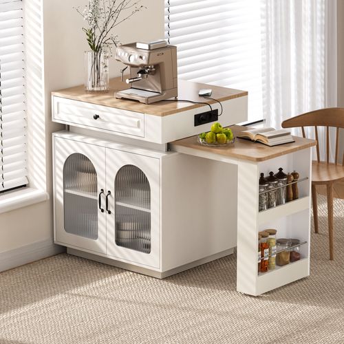 Meuble De Bar Extensible, Îlot 128–200cm Blanc/bois LED, Ports USB, Tiroir Et Portes, Roulettes