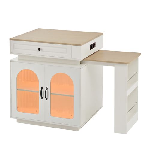 Meuble De Bar Extensible, Îlot 128–200cm Blanc/bois LED, Ports USB, Tiroir Et Portes, Roulettes