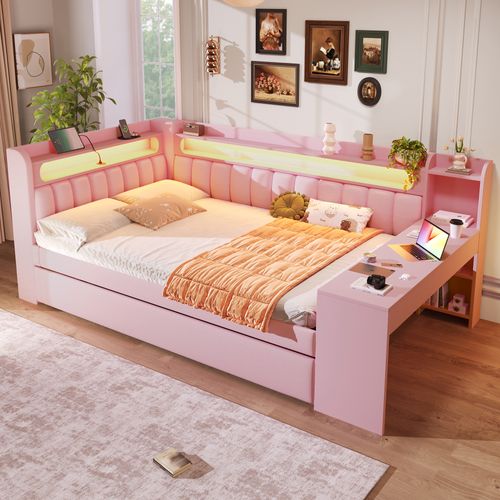 Lit 140x200 Cm 2 Places Avec Lit Enfant Gigogne 90x190, Bureau, LED, Ports De Charge, Lin Rose