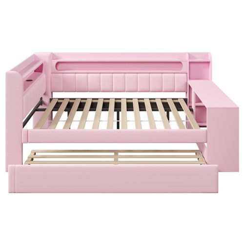 Lit 140x200 Cm 2 Places Avec Lit Enfant Gigogne 90x190, Bureau, LED, Ports De Charge, Lin Rose