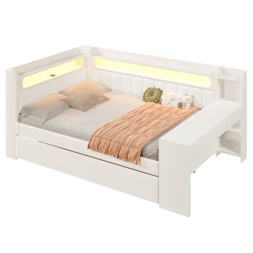 Lit Adulte 140x200 Cm + Lit Enfant Gigogne 90x190 Avec Bureau Intégré, LED, USB, Bois Blanc