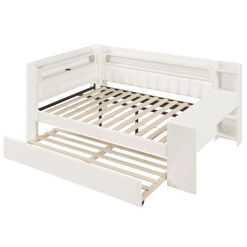 Lit Adulte 140x200 Cm + Lit Enfant Gigogne 90x190 Avec Bureau Intégré, LED, USB, Bois Blanc