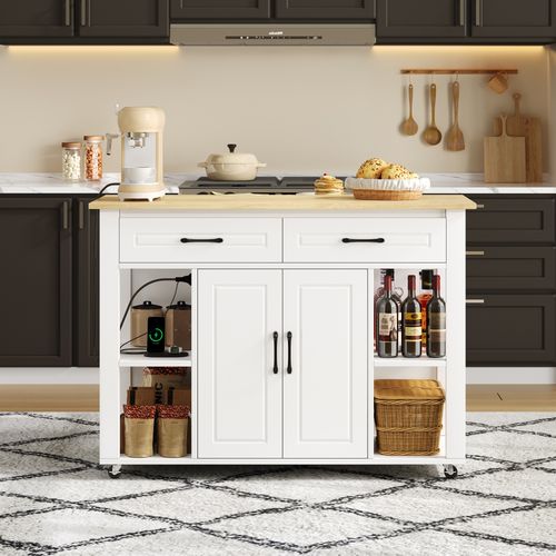 Desserte, Îlot De Cuisine Extensible Avec 2 Tiroirs, 2 Portes, à Roulettes, Blanc Bois Naturel