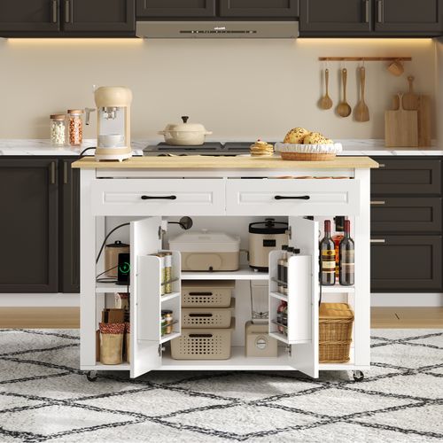 Desserte, Îlot De Cuisine Extensible Avec 2 Tiroirs, 2 Portes, à Roulettes, Blanc Bois Naturel