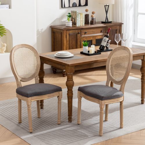 Lot De 2 Chaises Salle à Manger Style Français, Bois Et Tissu Lin Gris, Assise Rembourrée