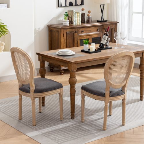Lot De 2 Chaises Salle à Manger Style Français, Bois Et Tissu Lin Gris, Assise Rembourrée